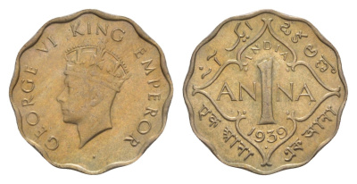 Британская Индия 1 анна 1939 Георг VI (1936-1952) KM 536 медно-никель  UNC  1529-534