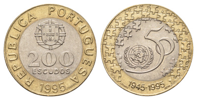 Португалия 200 эскудо 1995 50 лет ООН KM 679 биметалл UNC 4678-826