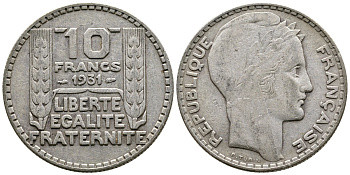Франция 10 франков 1934 Пьер Тюрен KM 878, Le Franc 360.7 серебро 3461-153