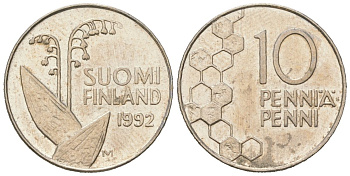 Финляндия 10 пенни 1992 M KM 65 медно-никель aUNC 99-1254