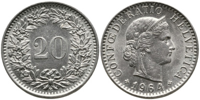 Швейцария 20 раппенов 1964 B KM 29а медно-никель 4529-736
