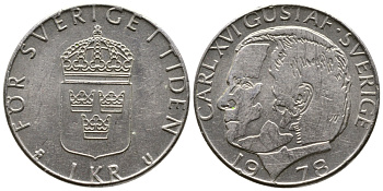Швеция 1 крона 1978 Карл XVI Густав (1973- ) KM 852 медь плакированная медно-никелем 3461-137