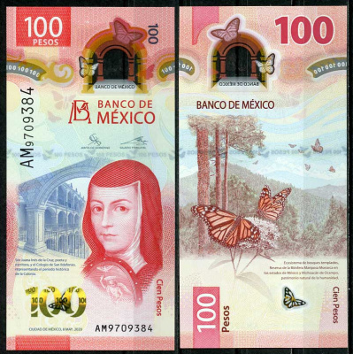 Мексика 100 песо 2020 Хуана Инес де ла Крус, бабочка махаон Pick NEW (5) пластик UNC (пресс) 447-65-3