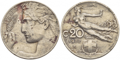 ИТАЛИЯ 20 ЧЕНТЕЗИМО 1922 R, ВИКТОР ИММАНУИЛ KM 44 никель 4548-126