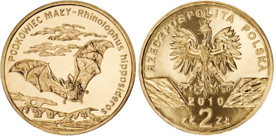 Польша 2 злотых 2010 MW, серия всемирная природа, подковоносная летучая мышь KM 723 нордик UNC 4511-244