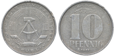 ГДР 10 пфеннигов 1971 А KM 10 алюминий 62-834