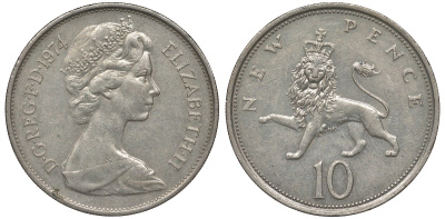Великобритания 10 пенсов 1974 Елизавета II (1952-2022) KM 912, Spink 4231 (F1) медно-никель 4131-336