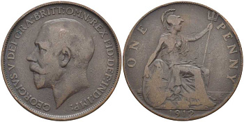Великобритания 1 пенни 1912 Георг V (1910-1936) KM 810, Spink 4051 бронза 3460-726