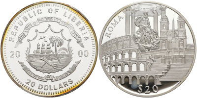 Либерия 20 долларов 2000 серия памятники архитектуры, Рим KM 641 серебро PROOF 02-056-31