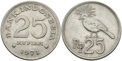 Индонезия 25 рупий 1971 венценосный голубь KM 34 медно-никель 177-1453