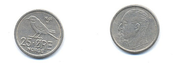 Норвегия 25 эре 1969 Улаф V (1958-1991), синица KM 407 медно-никель 4379-964