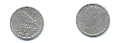 Норвегия 25 эре 1969 Улаф V (1958-1991), синица KM 407 медно-никель 4379-964