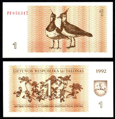 Литва 1 талон 1992 Pick 39 бумага UNC (пресс) 7207-6-2-2