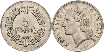Франция 5 франков 1933 KM 888, Le Franc 336 никель 4149-324