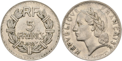 Франция 5 франков 1933 KM 888, Le Franc 336 никель 4149-324