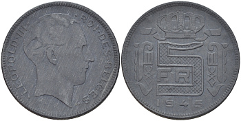Бельгия 5 франков 1945 Belges, Леопольд III (1934-1947), германская оккупация KM 129.1 цинк 31-1245