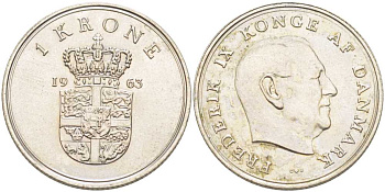 Дания 1 крона 1963 C;S, Фредерик IX (1947-1972) KM 851 медно-никель 202-811