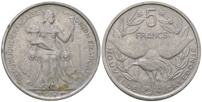 Французская Новая Каледония 5 франков 1952 птица кагу, (IEOM) KM 4, Schoen 4, Lec 71 алюминий 180-316