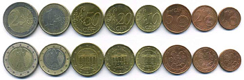 ФРГ евронабор из 8 монет 2002-2005 (1, 2, 5, 10, 20, 50 ЕВРОЦЕНТОВ, 1, 2 ЕВРО) KM 207, 208, 209, 210, 211, 212, 213, 214 N5-66