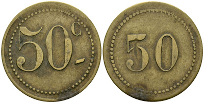 Франция 50 сантимов XIX-XX век ресторанный жетон латунь 4166-1322