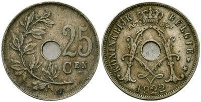 Бельгия 25 сантимов 1922 Belgie, Альберт I (1909-1934) KM 69 медно-никель 4165-834