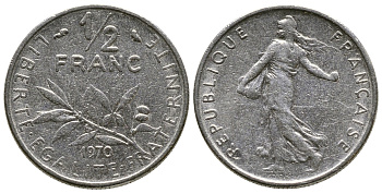 Франция 1/2 франка 1970 KM 931.1 никель 3461-251