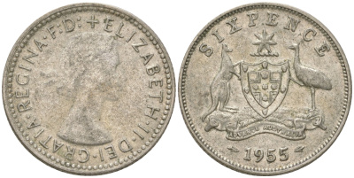 Австралия 6 пенсов 1955 Елизавета II (1952-2022) KM 58 серебро 4623-244