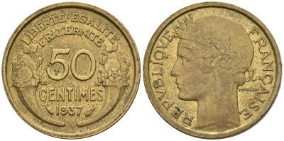 Франция 50 сантимов 1937 KM 894.1, Le Franc 192.15 алюминиевая бронза 4596-768