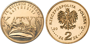 Польша 2 злотых 2010 MW, 70 лет со дня Катынского расстрела KM 721 нордик UNC 4676-713