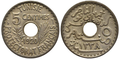 Тунис 5 сантимов 1920 A KM 242 никель латунь     4182-425