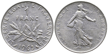 Франция 1 франк 1965 сеятель KM 925.1, Le Franc 226.9 никель 4681-827