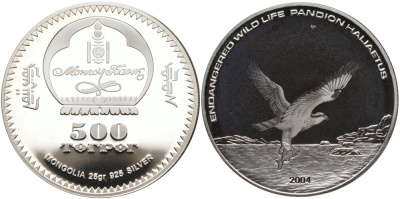 Монголия 500 тугриков 2004 серия сохраним наш мир, скопа (Pandion haliaetus) KM 208 серебро PROOF 01-163-22