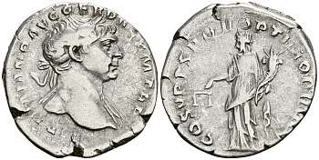 Римская Империя денарий 103 - 111 Траян COS V PP SPQR OPTIMO PRINC Эквитата, персонификация Равенства Рим Very fine RIC 118 (aureus) серебро 1073-4-15