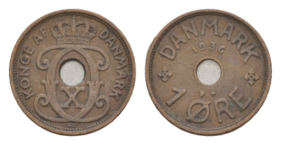 Дания 1 эре 1936 N, Кристиан X (1912-1947) KM 826 бронза 4658-153