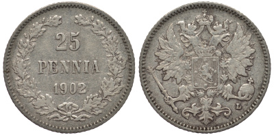 РОССИЯ ДЛЯ ФИНЛЯНДИИ 25 ПЕННИ 1902 L, НИКОЛАЙ II KM 6.2, Биткин 413 серебро 443-833