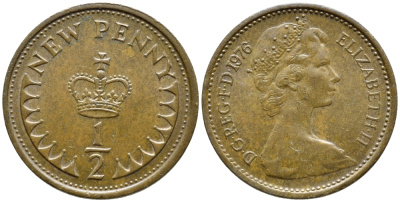 Великобритания 1/2 пенни 1976 Елизавета II (1952-2022) KM 914, Spink 4239 бронза 4392-1328