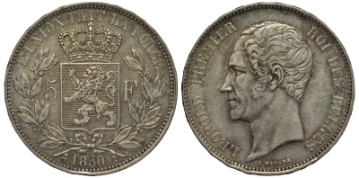 Бельгия 5 франков 1850 Леопольд I (1831-1865) KM 17 серебро 00-1067-3-44