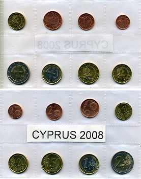 Кипр евронабор из 8 монет 2008 1, 2, 5, 10, 20, 50 евроцентов, 1, 2 евро биметалл UNC 1181-2-11