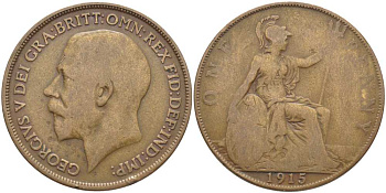 Великобритания 1 пенни 1915 Георг V (1910-1936) KM 810, Spink 4051 бронза 3460-734