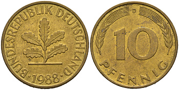ФРГ 10 пфеннигов 1988 D KM 108, J.383 сталь плакированная латунью 4681-1155