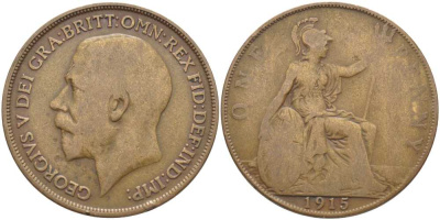 Великобритания 1 пенни 1915 Георг V (1910-1936) KM 810, Spink 4051 бронза 3460-734
