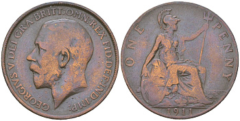 Великобритания 1 пенни 1911 Георг V (1910-1936) KM 810, Spink 4051 бронза 3460-1043