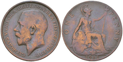 Великобритания 1 пенни 1911 Георг V (1910-1936) KM 810, Spink 4051 бронза 3460-1043