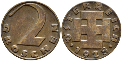 АВСТРИЯ 2 ГРОША 1928 ДОВОЕННАЯ ДЕСЯТИЧНАЯ ЧЕКАНКА KM 2837 бронза 4396-1112