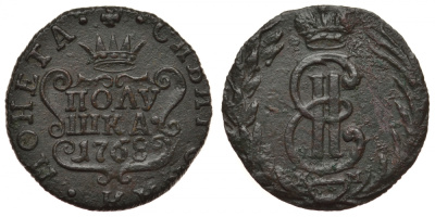 Россия, сибирская монета полушка 1768 КМ (Сузунский монетный двор), Екатерина II (1762-1796), вес 1,58 г KM 1, Биткин 1210 R медь 00-813-78