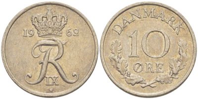 ДАНИЯ 10 ЭРЕ 1962 C; S, ФРЕДЕРИК IX (1947-1972) KM 849.1 медно-никель 4387-846