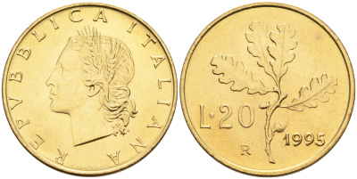 Италия 20 лир 1995 R, дубовый лист KM 97.2 алюминиевая бронза  UNC  4594-948