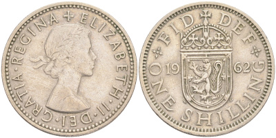 Великобритания 1 шиллинг 1962 Елизавета II (1952-2022), Шотландский герб KM 905, Spink 4148 медно-никель 4556-642