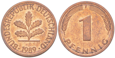 ФРГ 1 ПФЕННИГ 1989 F KM 105, J. 380 сталь плакированная медью 4181-669