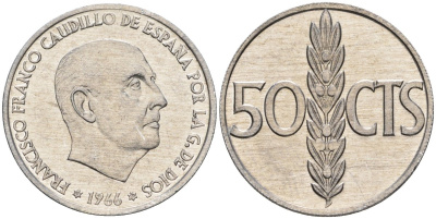 Испания 50 сентимо 1966 (70) Франсиско Франко (1939-1975) KM 795 алюминий 4398-355